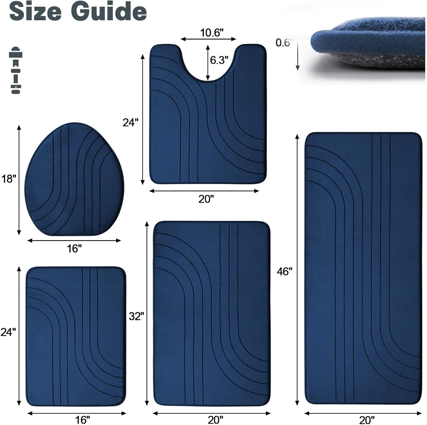 YIHOUSE Blue Bathroom Rug Set 5 Pieces, Soft Non Slip Memory Foam Bath Mats, Extra Thick Bath Mats for Bathroom, Machine Washable Bath Rugs Set for Tub, Toilet and Floor