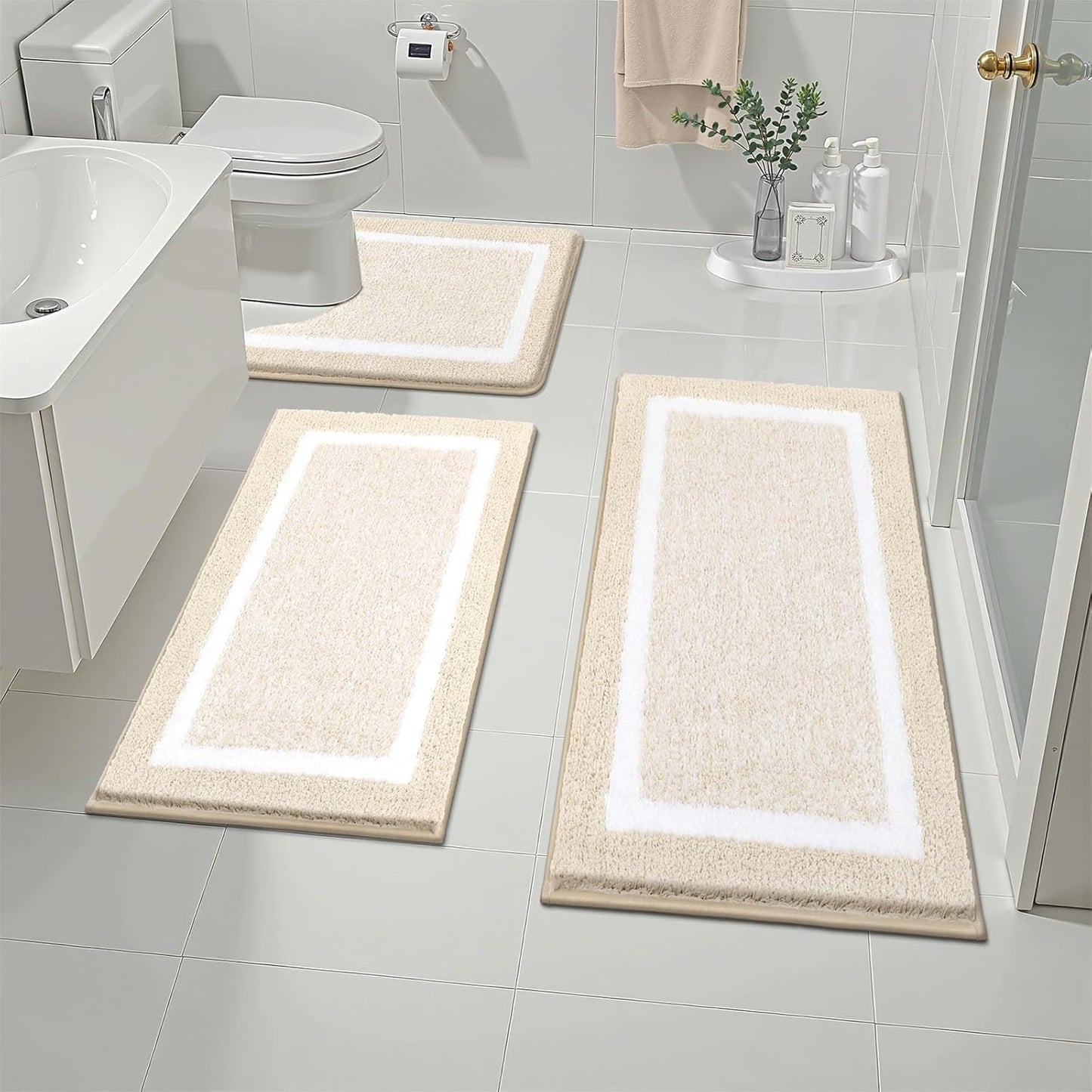 Pauwer 3 Pieces Bathroom Rugs Sets, Ultra Soft Non-Slip Mats, Microfiber Absorbent Bath Rugs with U-Shaped Toilet Rug for Bath Floor, Tub, Shower, Blue