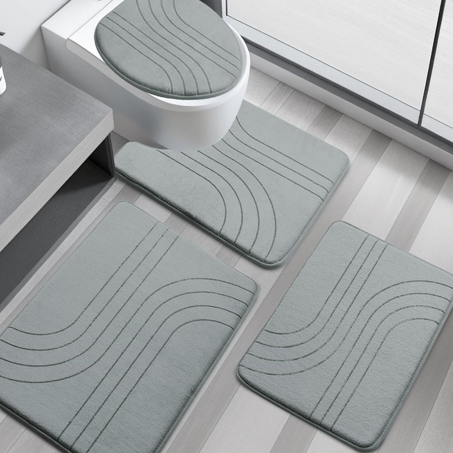 YIHOUSE Blue Bathroom Rug Set 5 Pieces, Soft Non Slip Memory Foam Bath Mats, Extra Thick Bath Mats for Bathroom, Machine Washable Bath Rugs Set for Tub, Toilet and Floor