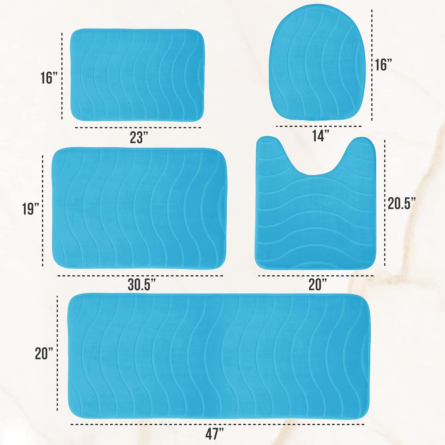 5-Piece Bathroom Rug Set - Memory Foam, Non-Slip, Machine Washable, Quick-Drying, Aqua Teal