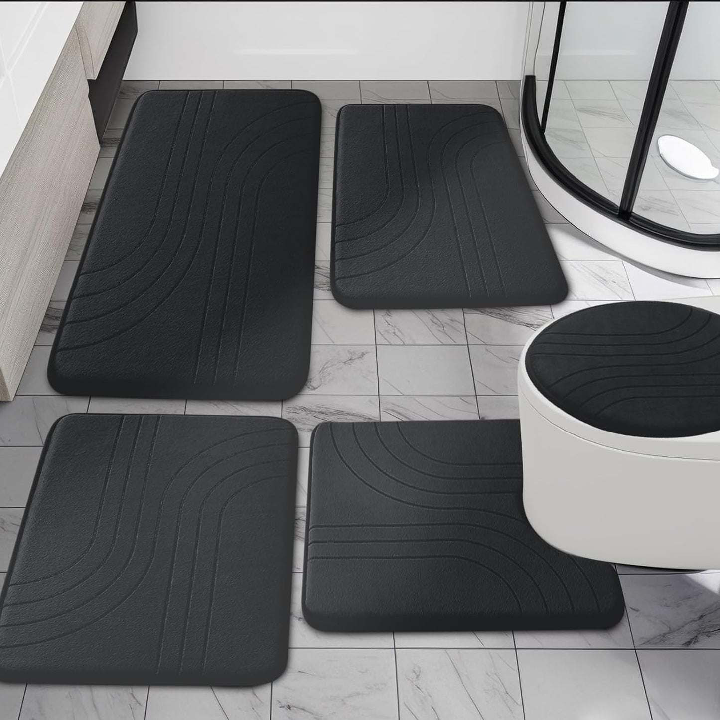 YIHOUSE Blue Bathroom Rug Set 5 Pieces, Soft Non Slip Memory Foam Bath Mats, Extra Thick Bath Mats for Bathroom, Machine Washable Bath Rugs Set for Tub, Toilet and Floor