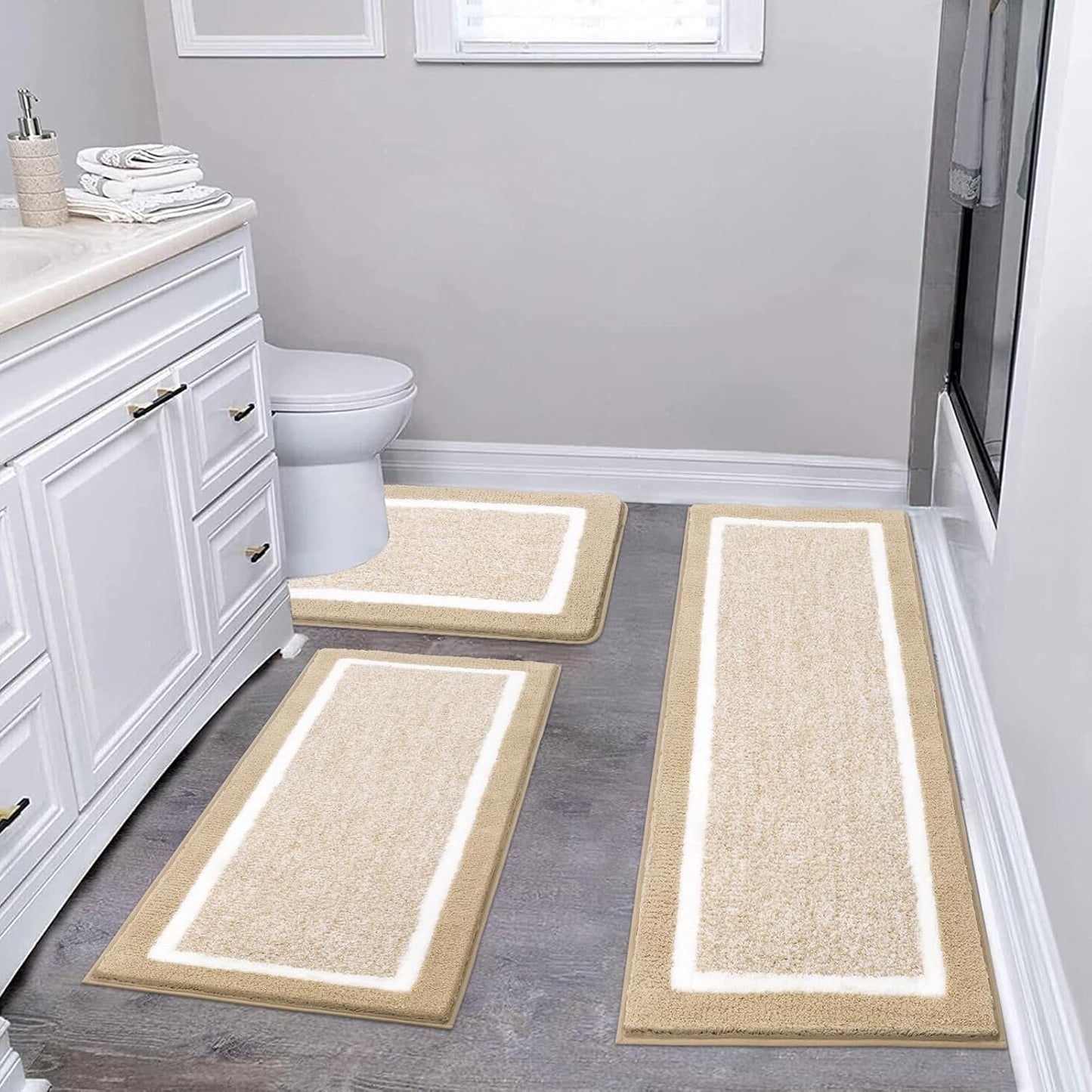 Pauwer 3 Pieces Bathroom Rugs Sets, Ultra Soft Non-Slip Mats, Microfiber Absorbent Bath Rugs with U-Shaped Toilet Rug for Bath Floor, Tub, Shower, Blue
