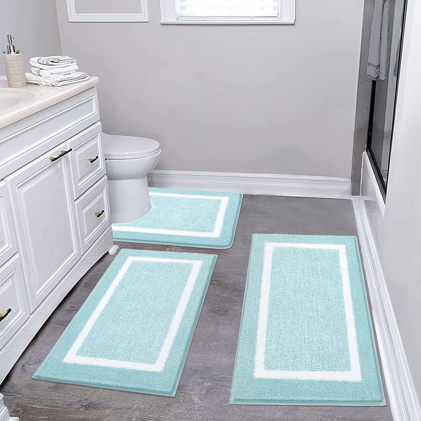 Pauwer 3 Pieces Bathroom Rugs Sets, Ultra Soft Non-Slip Mats, Microfiber Absorbent Bath Rugs with U-Shaped Toilet Rug for Bath Floor, Tub, Shower, Blue