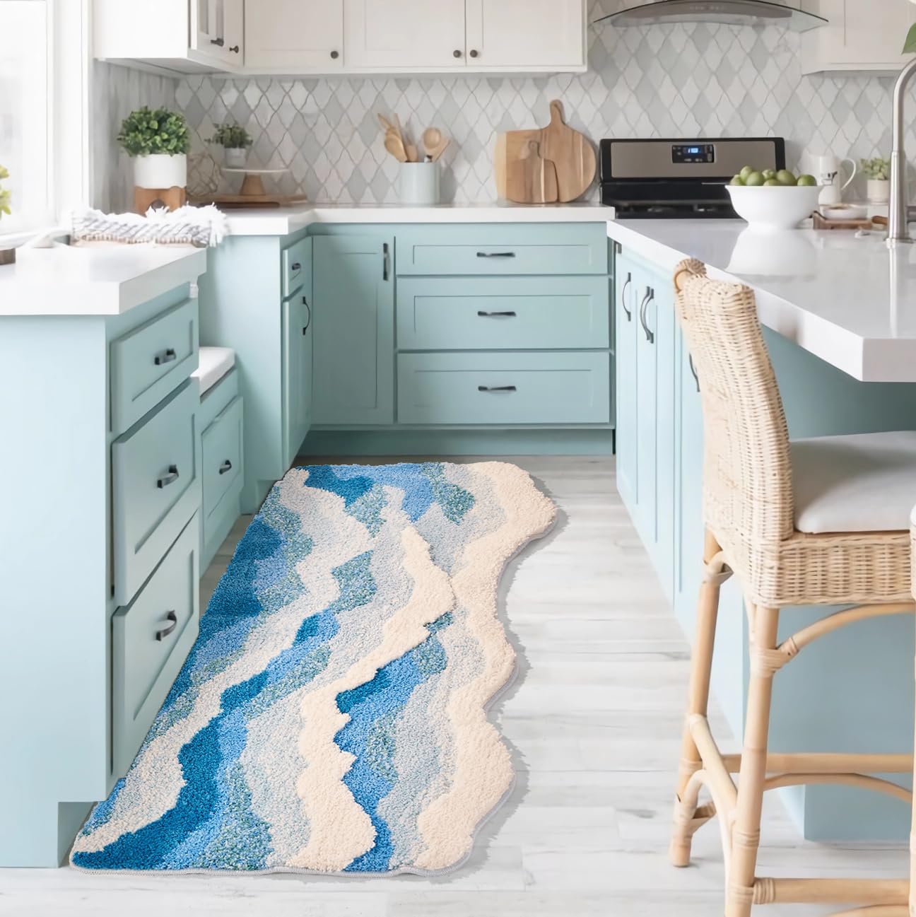 Large Blue Ocean Wave Bath Mat, Cute Funky Bathroom Rugs for Coastal Beach Nautical Themed Decor, Non-Slip Washable Accent Rug for Bedroom Kitchen, Trendy Tufted Shower Mats 47"x 24"