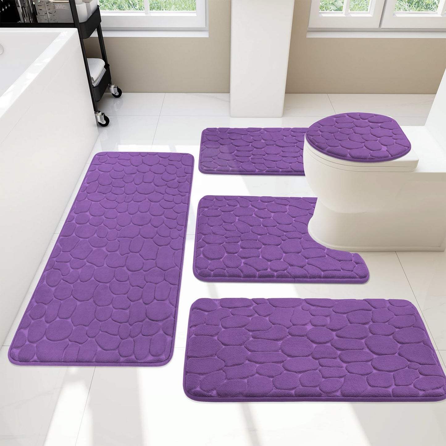 YIHOUSE Bathroom Rugs Set, 5 Piece Cobblestone Memory Foam Mats, Extra Thick Non Slip, Water Absorbent, Washable Teal Bath Rugs for Tub, Toilet and Floor