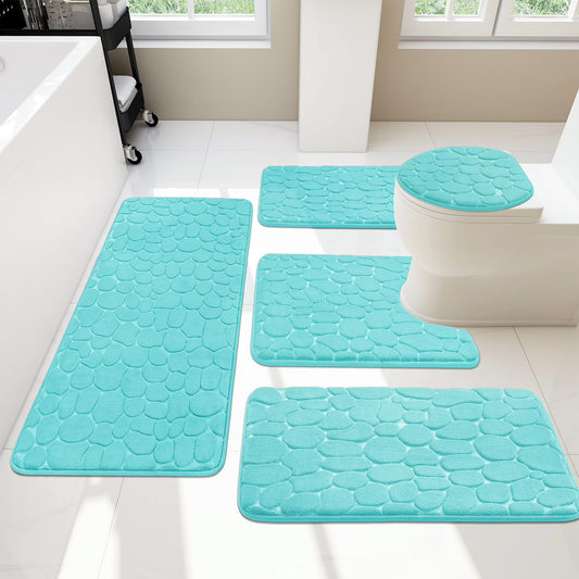 YIHOUSE Bathroom Rugs Set, 5 Piece Cobblestone Memory Foam Mats, Extra Thick Non Slip, Water Absorbent, Washable Teal Bath Rugs for Tub, Toilet and Floor