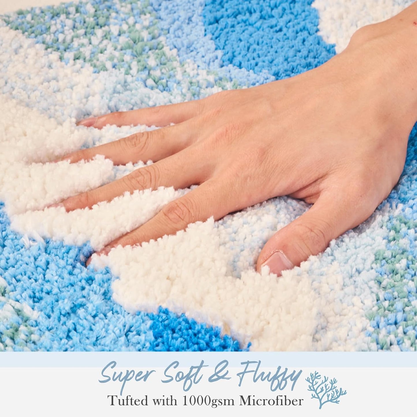 Large Blue Ocean Wave Bath Mat, Cute Funky Bathroom Rugs for Coastal Beach Nautical Themed Decor, Non-Slip Washable Accent Rug for Bedroom Kitchen, Trendy Tufted Shower Mats 47"x 24"