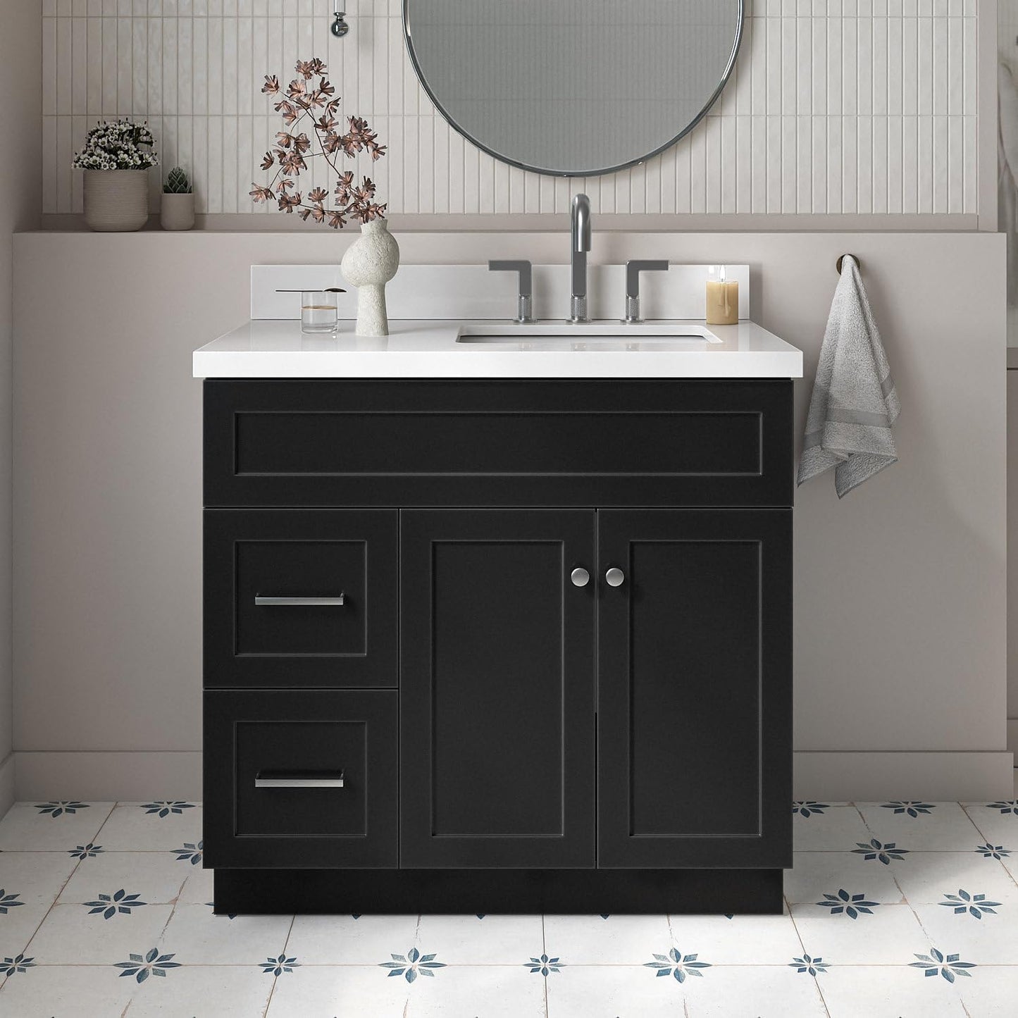 ARIEL Hamlet 43 Inch Single Sink Bathroom Vanity in White, 1.5" Edge Quartz Top, Solid Wood, Rectangular Sink, 2 Soft Closing Doors, 4 Full Extension Dovetail Drawers, Toe Kick