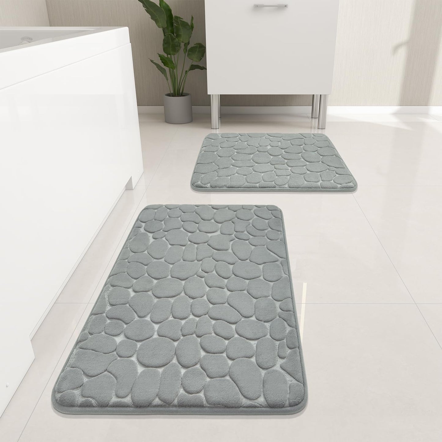 YIHOUSE Bathroom Rugs Set, 5 Piece Cobblestone Memory Foam Mats, Extra Thick Non Slip, Water Absorbent, Washable Teal Bath Rugs for Tub, Toilet and Floor