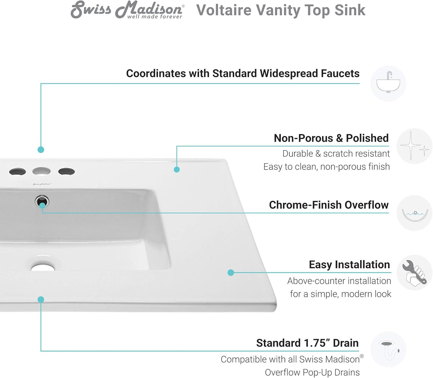 Swiss Madison SM-VT328-3 Voltaire Vanity Top Sink with 4" Centerset Faucet Holes