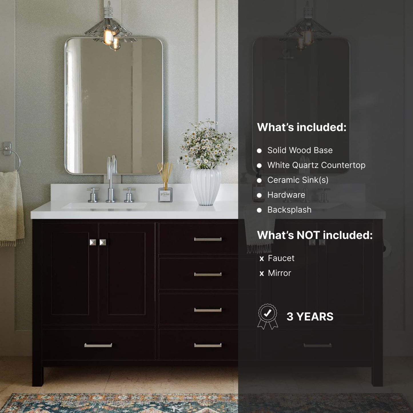 ARIEL Double Bathroom Vanity 73" Espresso with 1.5" Edge Pure White Quartz Countertop & Splash, Rectangular Sinks, 4 Soft Closing Doors, 6 Full Extension Dovetail Drawers, Brushed Nickel