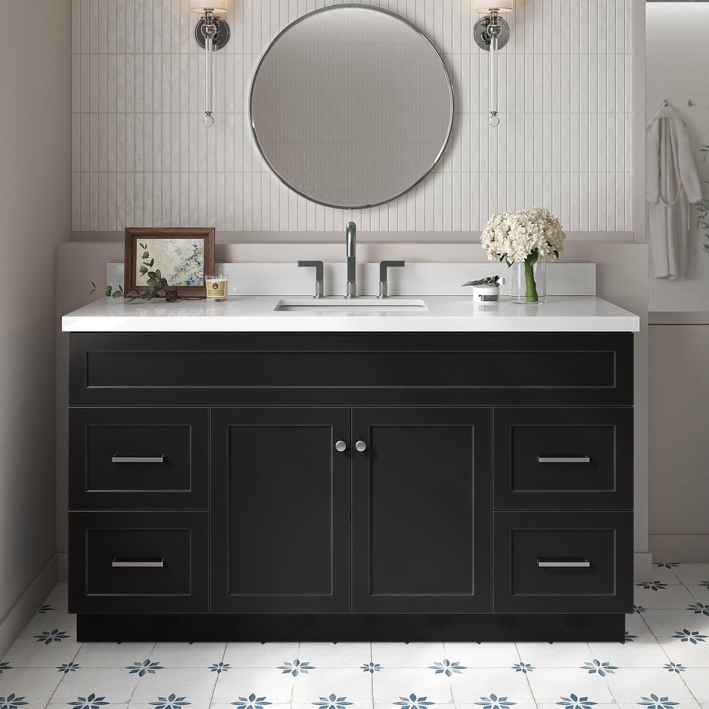 ARIEL Hamlet 43 Inch Single Sink Bathroom Vanity in White, 1.5" Edge Quartz Top, Solid Wood, Rectangular Sink, 2 Soft Closing Doors, 4 Full Extension Dovetail Drawers, Toe Kick