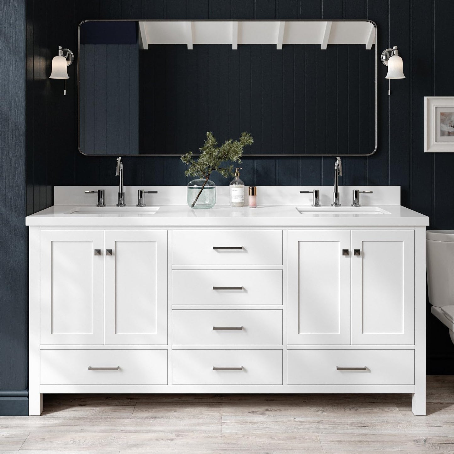 ARIEL 72" White Double Vanity, 2" Edge Italian Carrara Marble Countertop & Splash, Rectangular Sinks, 4 Soft Closing Doors, 6 Full Extension Dovetail Drawers, Brushed Nickel