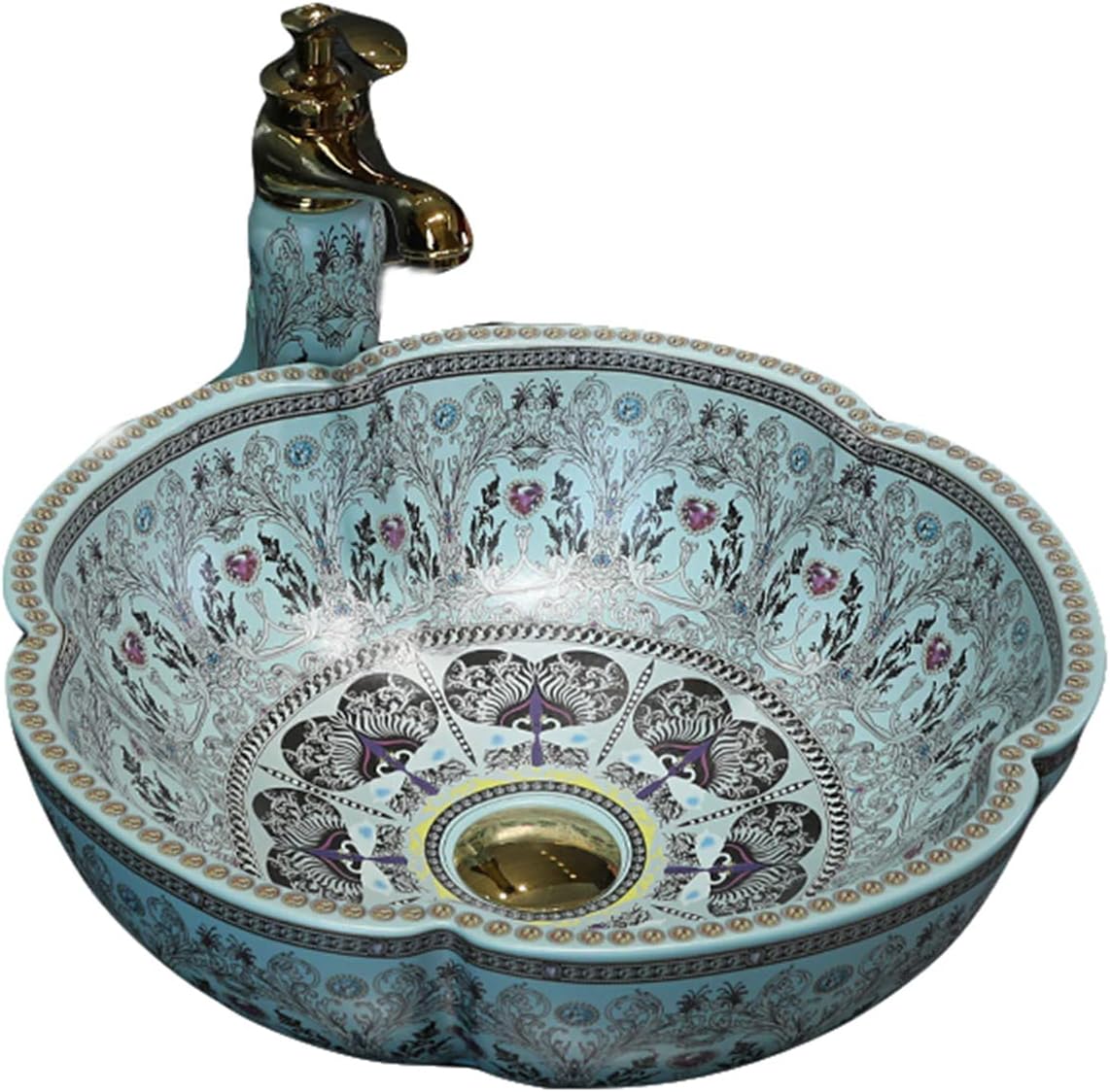 Ceramic Bathroom Vessel Sink Bowl White Color Art Above Counter Vanity Wash Basin with Flower Shape and Flower Bird Pattern,1Sink Only