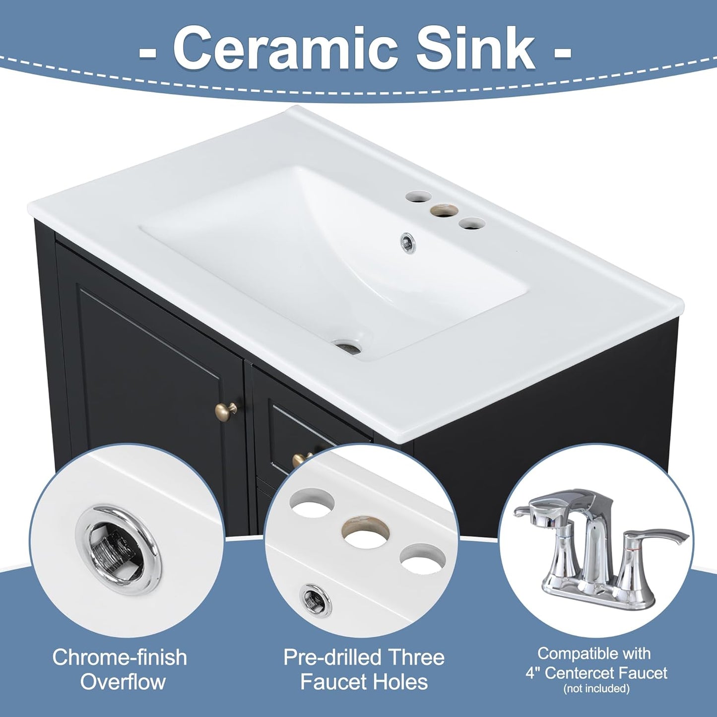 30" Bathroom Vanities with Ceramic Sink, Storage Cabinet with 3 Drawers and Door Shelf, Soft-Closing Door, Solid Wood Legs, Black