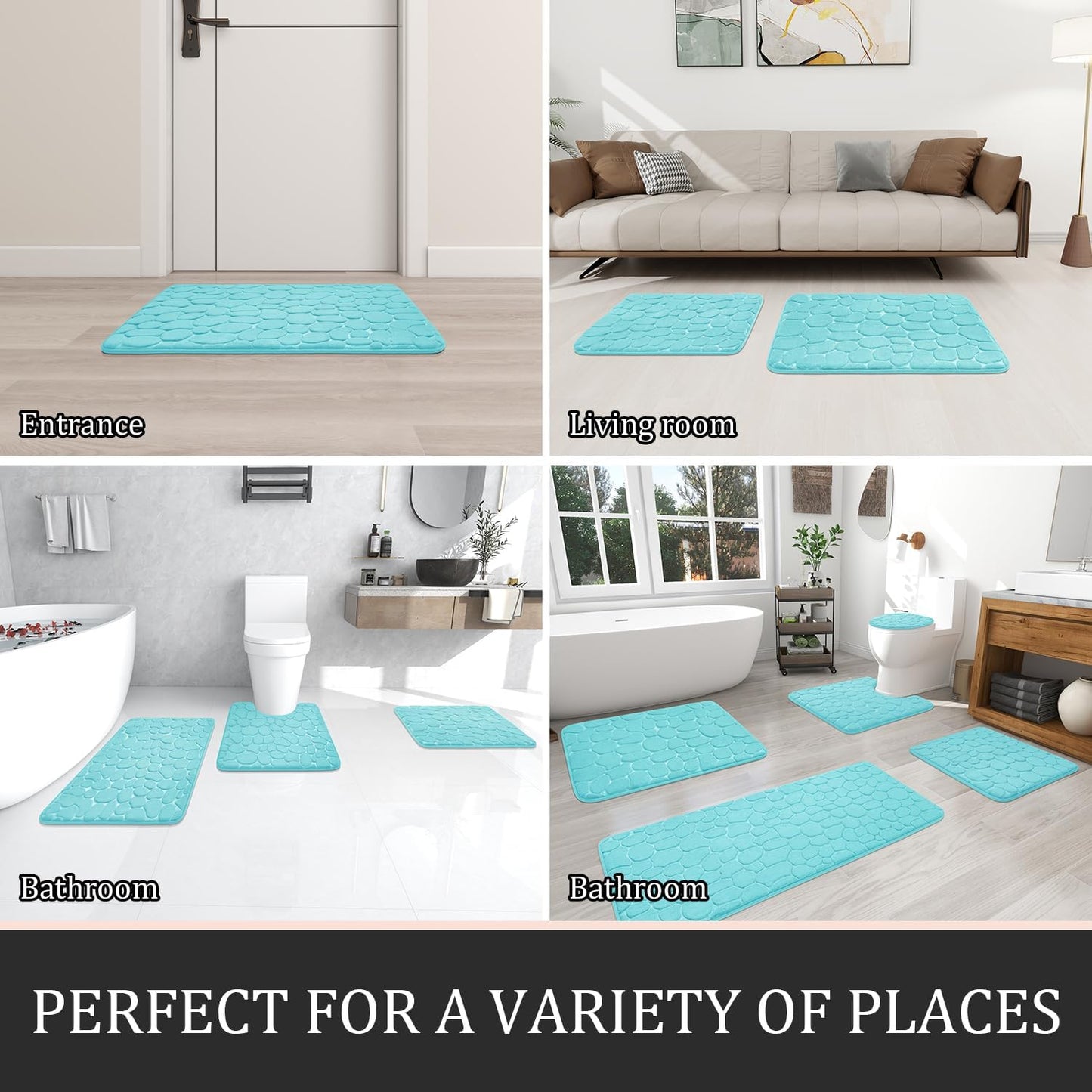 YIHOUSE Bathroom Rugs Set, 5 Piece Cobblestone Memory Foam Mats, Extra Thick Non Slip, Water Absorbent, Washable Teal Bath Rugs for Tub, Toilet and Floor