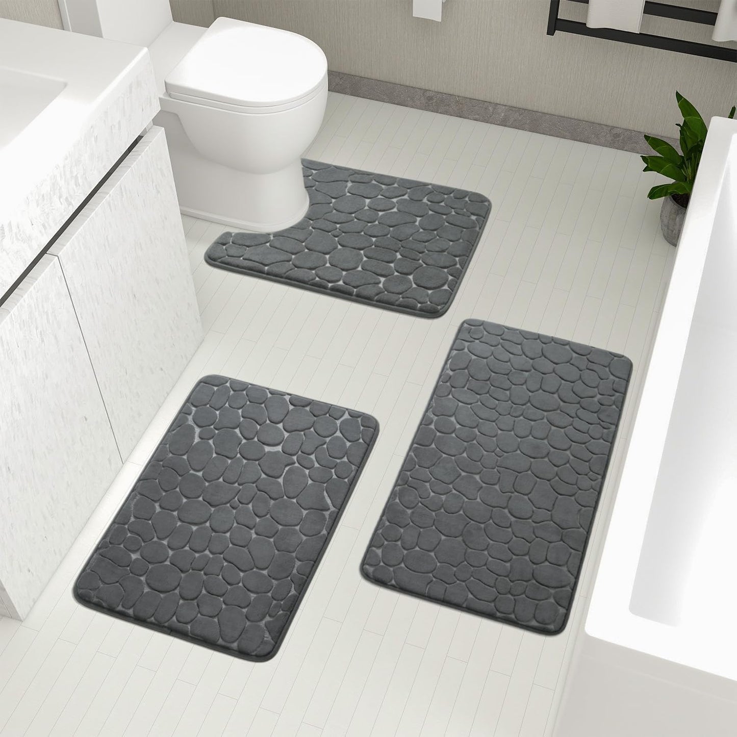 YIHOUSE Bathroom Rugs Set, 5 Piece Cobblestone Memory Foam Mats, Extra Thick Non Slip, Water Absorbent, Washable Teal Bath Rugs for Tub, Toilet and Floor