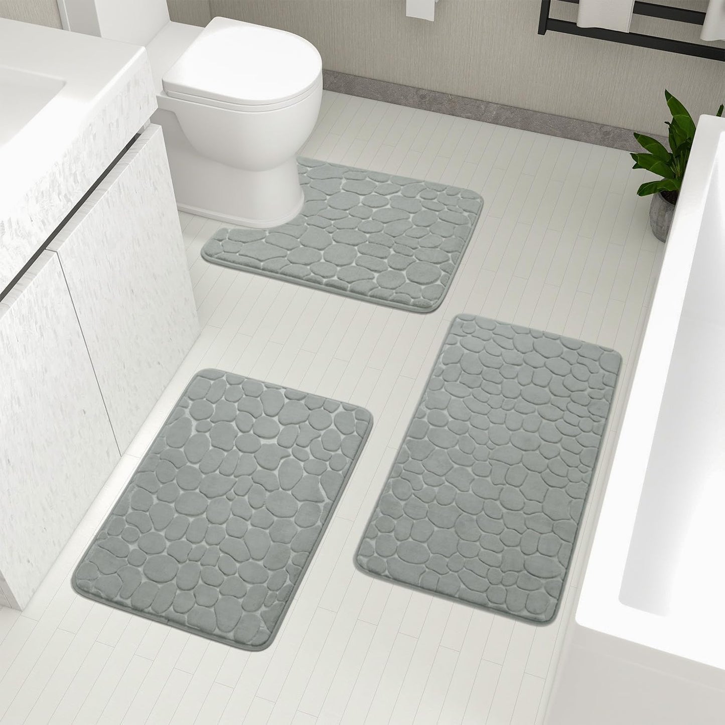 YIHOUSE Bathroom Rugs Set, 5 Piece Cobblestone Memory Foam Mats, Extra Thick Non Slip, Water Absorbent, Washable Teal Bath Rugs for Tub, Toilet and Floor