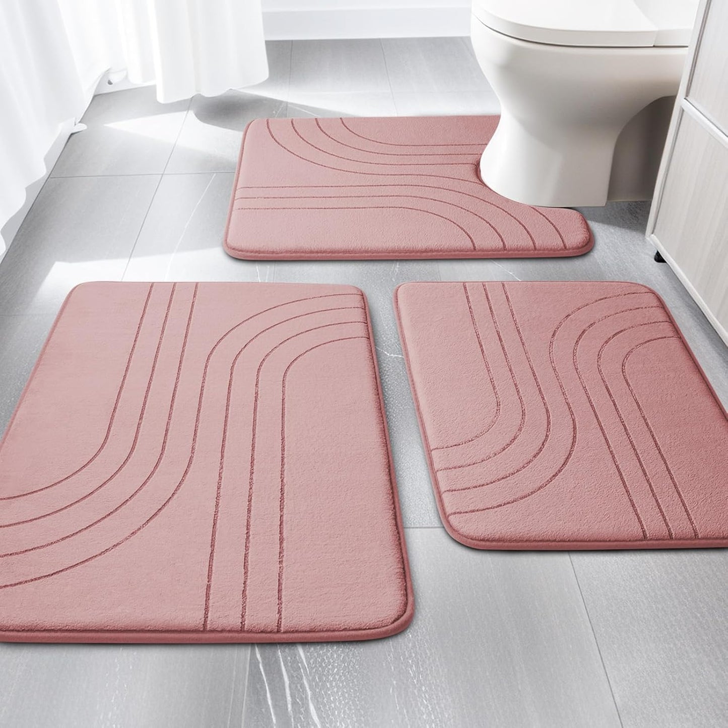 YIHOUSE Blue Bathroom Rug Set 5 Pieces, Soft Non Slip Memory Foam Bath Mats, Extra Thick Bath Mats for Bathroom, Machine Washable Bath Rugs Set for Tub, Toilet and Floor