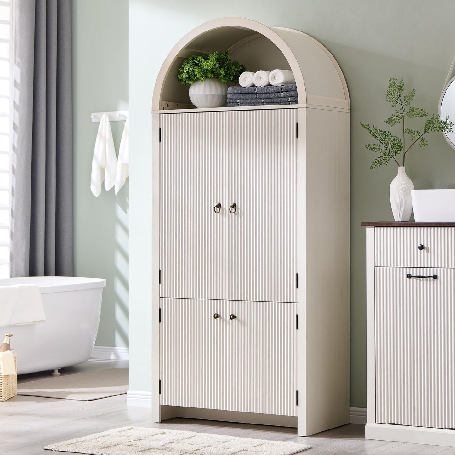 71" Tall Arched Bathroom Storage Cabinet, Modern Fluted Storage Cabinet w/Doors, 3 Adjustable Shelves, 6 Door Shelves, Wood Freestanding Cabinet for Bathroom, Entryway, Hallway, Natural