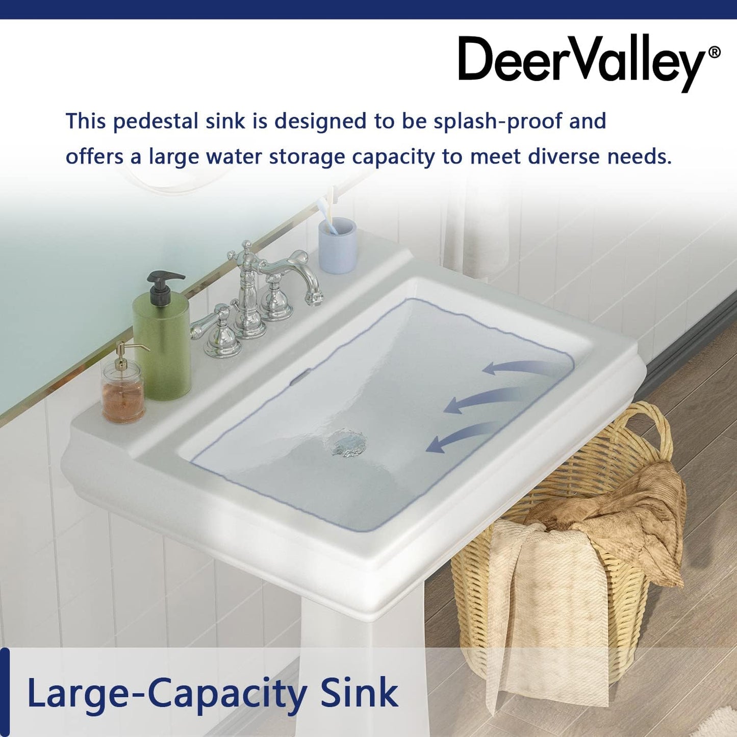 DeerValley 26"L X 20"W Rectangular Pedestal Sink, Apex White Ceramic Pedestal Bathroom Sink with 3 Faucet Holes at 4" Faucet Centers, with Overflow,DV-1P521