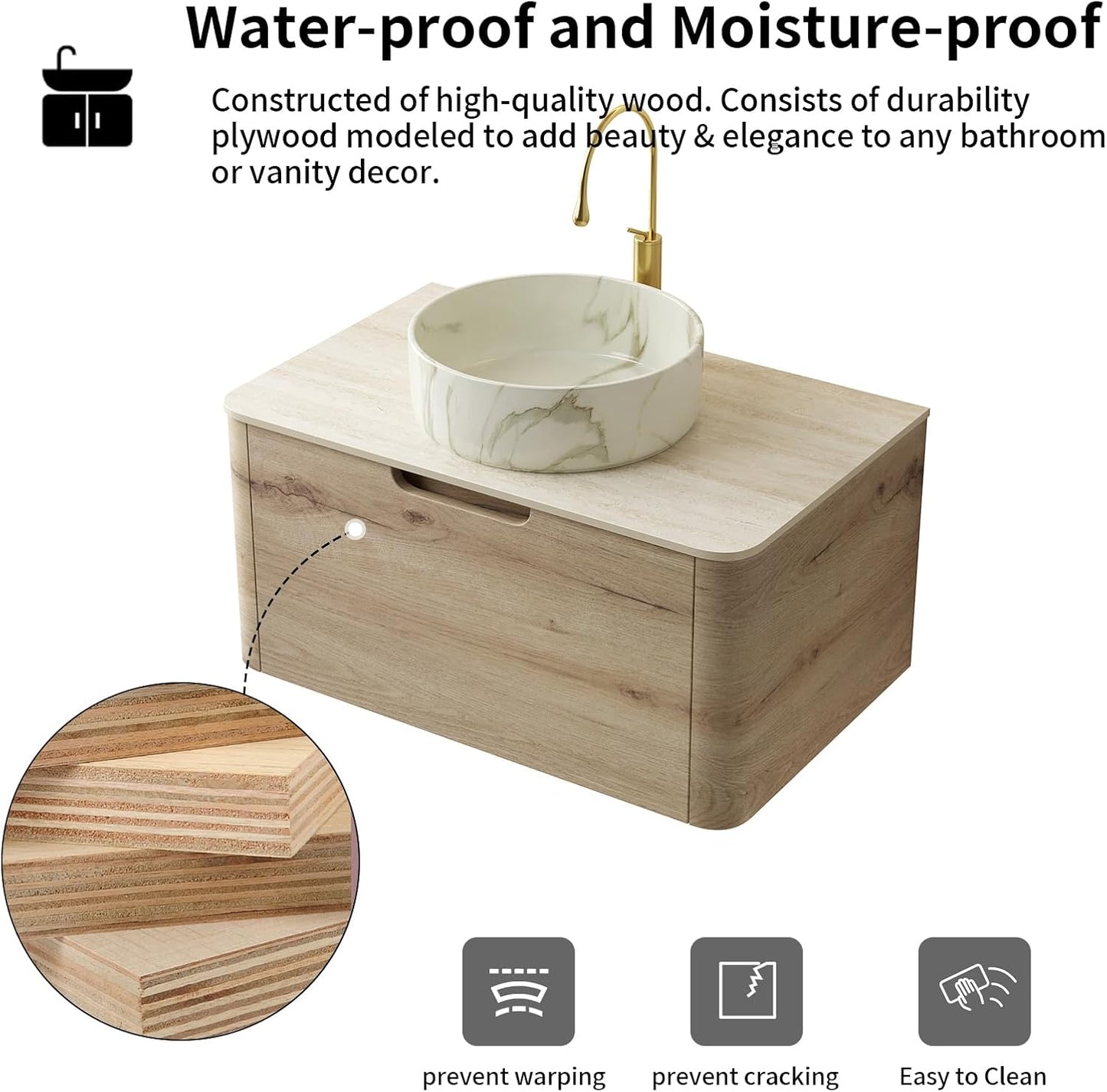 30 Inschs Bathroom Vanity with Sink, Modern Wall Mounted Bathroom with Soft Close Drawer, Stone Pattern Round Ceramic Basin and Solid Material Roma Travertine-Pattern Sintered Stone Top, Oak