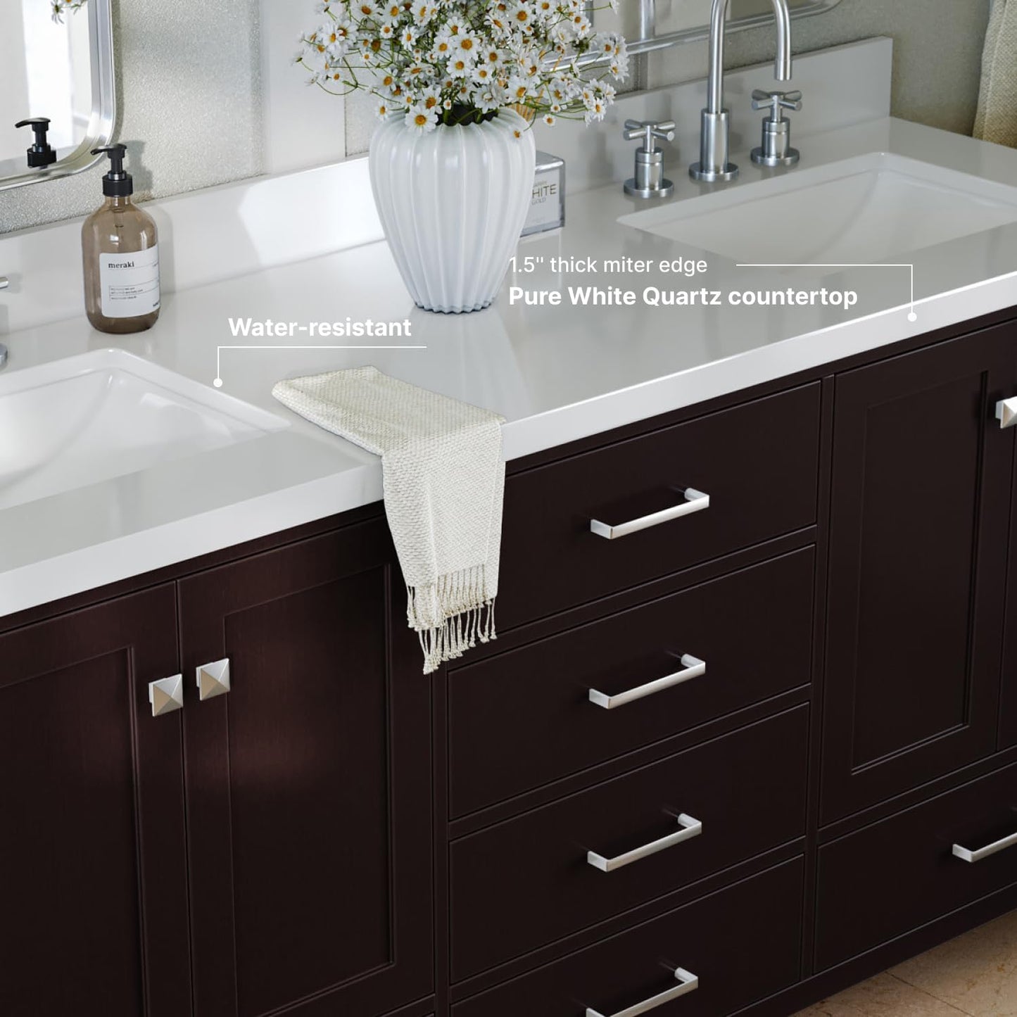 ARIEL Double Bathroom Vanity 73" Espresso with 1.5" Edge Pure White Quartz Countertop & Splash, Rectangular Sinks, 4 Soft Closing Doors, 6 Full Extension Dovetail Drawers, Brushed Nickel