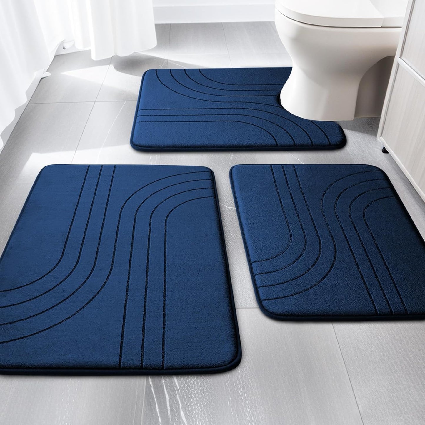 YIHOUSE Blue Bathroom Rug Set 5 Pieces, Soft Non Slip Memory Foam Bath Mats, Extra Thick Bath Mats for Bathroom, Machine Washable Bath Rugs Set for Tub, Toilet and Floor
