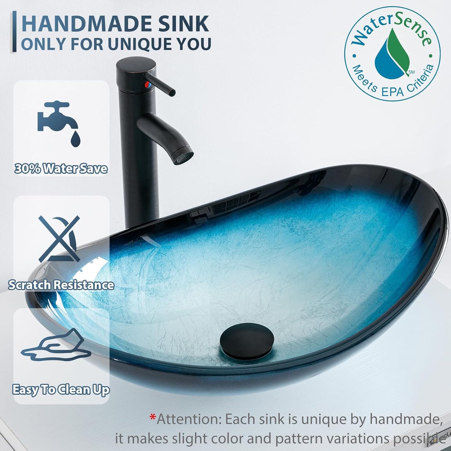 eclife 72" Modern Bathroom Vanity Sink Combo Freestanding Cabinet with Small Side Cabinet, Blue Boat Glass Vessel Sink, Water Save Faucet, Drain (Black+A29BU)