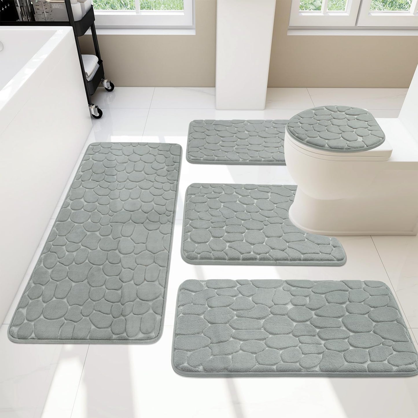 YIHOUSE Bathroom Rugs Set, 5 Piece Cobblestone Memory Foam Mats, Extra Thick Non Slip, Water Absorbent, Washable Teal Bath Rugs for Tub, Toilet and Floor