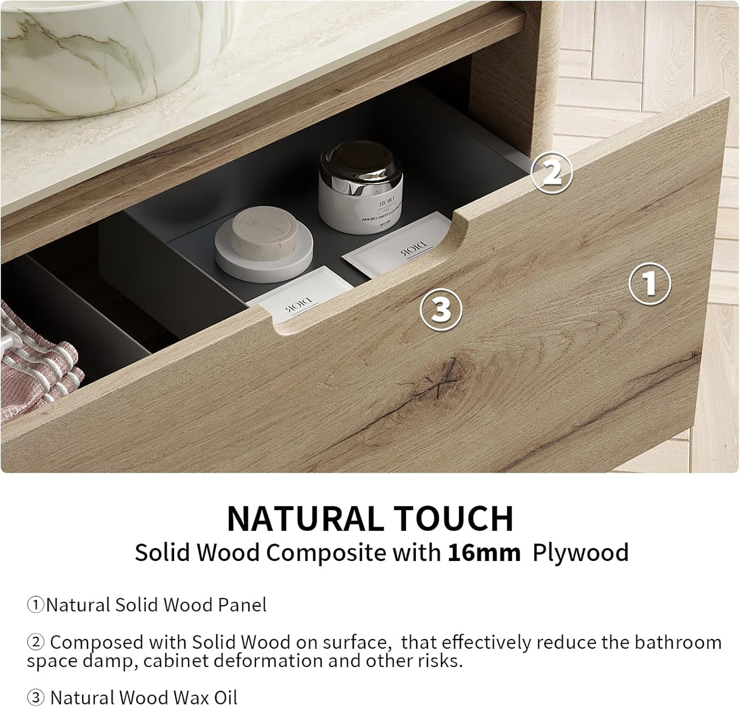 30 Inschs Bathroom Vanity with Sink, Modern Wall Mounted Bathroom with Soft Close Drawer, Stone Pattern Round Ceramic Basin and Solid Material Roma Travertine-Pattern Sintered Stone Top, Oak