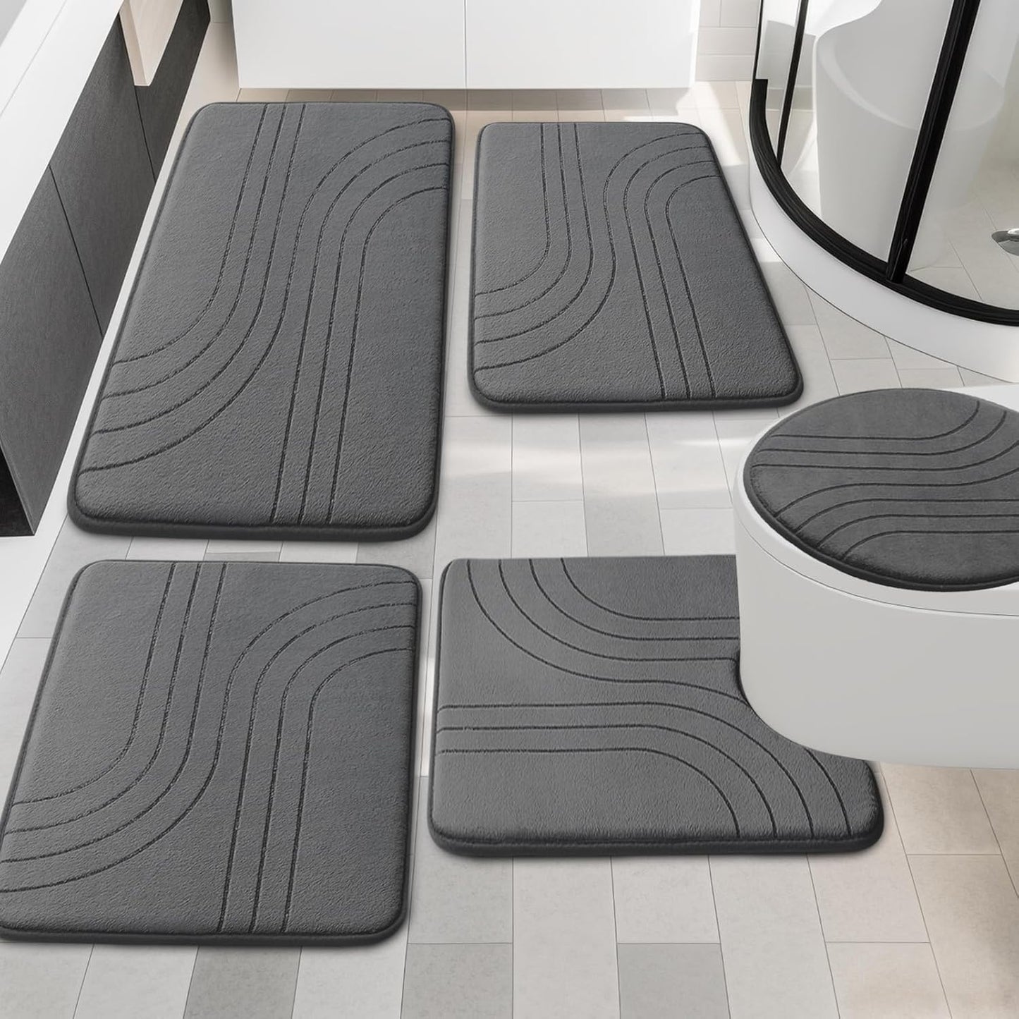 YIHOUSE Blue Bathroom Rug Set 5 Pieces, Soft Non Slip Memory Foam Bath Mats, Extra Thick Bath Mats for Bathroom, Machine Washable Bath Rugs Set for Tub, Toilet and Floor
