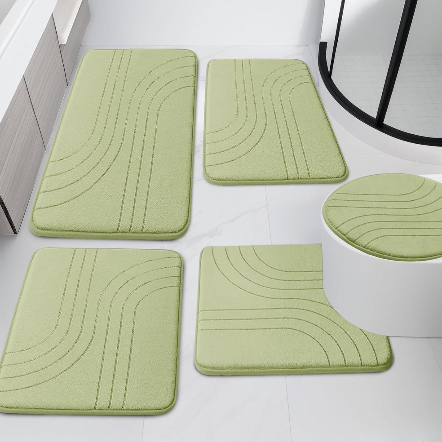 YIHOUSE Blue Bathroom Rug Set 5 Pieces, Soft Non Slip Memory Foam Bath Mats, Extra Thick Bath Mats for Bathroom, Machine Washable Bath Rugs Set for Tub, Toilet and Floor