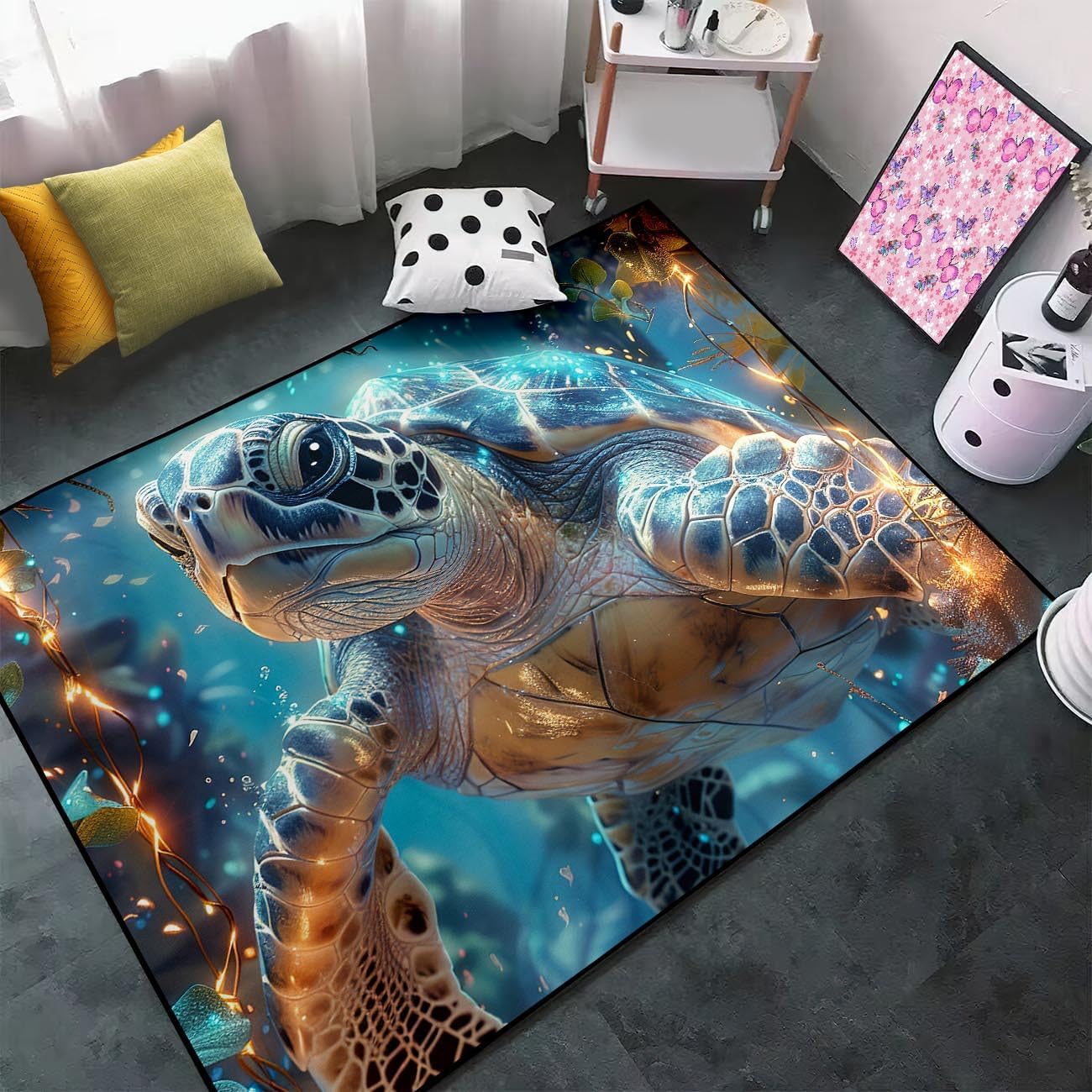 Sea Turtle Rug - Ocean Animal Theme Area Rug Blue Turtle Coral Printted Carpet Sea Animal Underwater Carpet Sea Turtle Mat for Kids Bedroom Living Room Decor,3'×5'