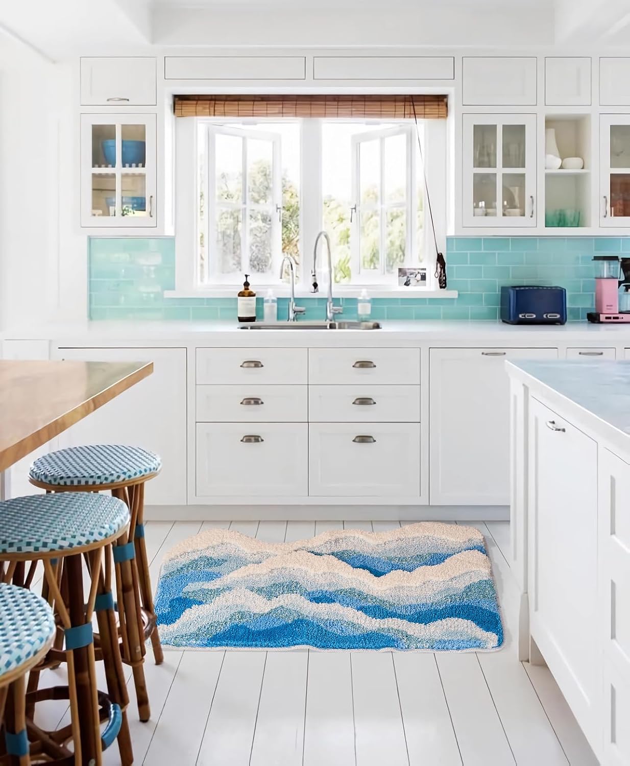 Large Blue Ocean Wave Bath Mat, Cute Funky Bathroom Rugs for Coastal Beach Nautical Themed Decor, Non-Slip Washable Accent Rug for Bedroom Kitchen, Trendy Tufted Shower Mats 47"x 24"
