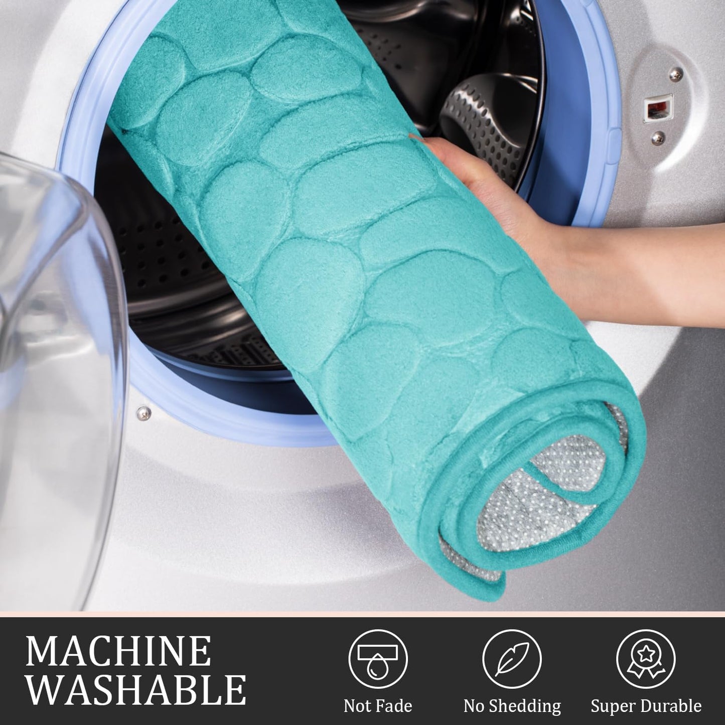 YIHOUSE Bathroom Rugs Set, 5 Piece Cobblestone Memory Foam Mats, Extra Thick Non Slip, Water Absorbent, Washable Teal Bath Rugs for Tub, Toilet and Floor