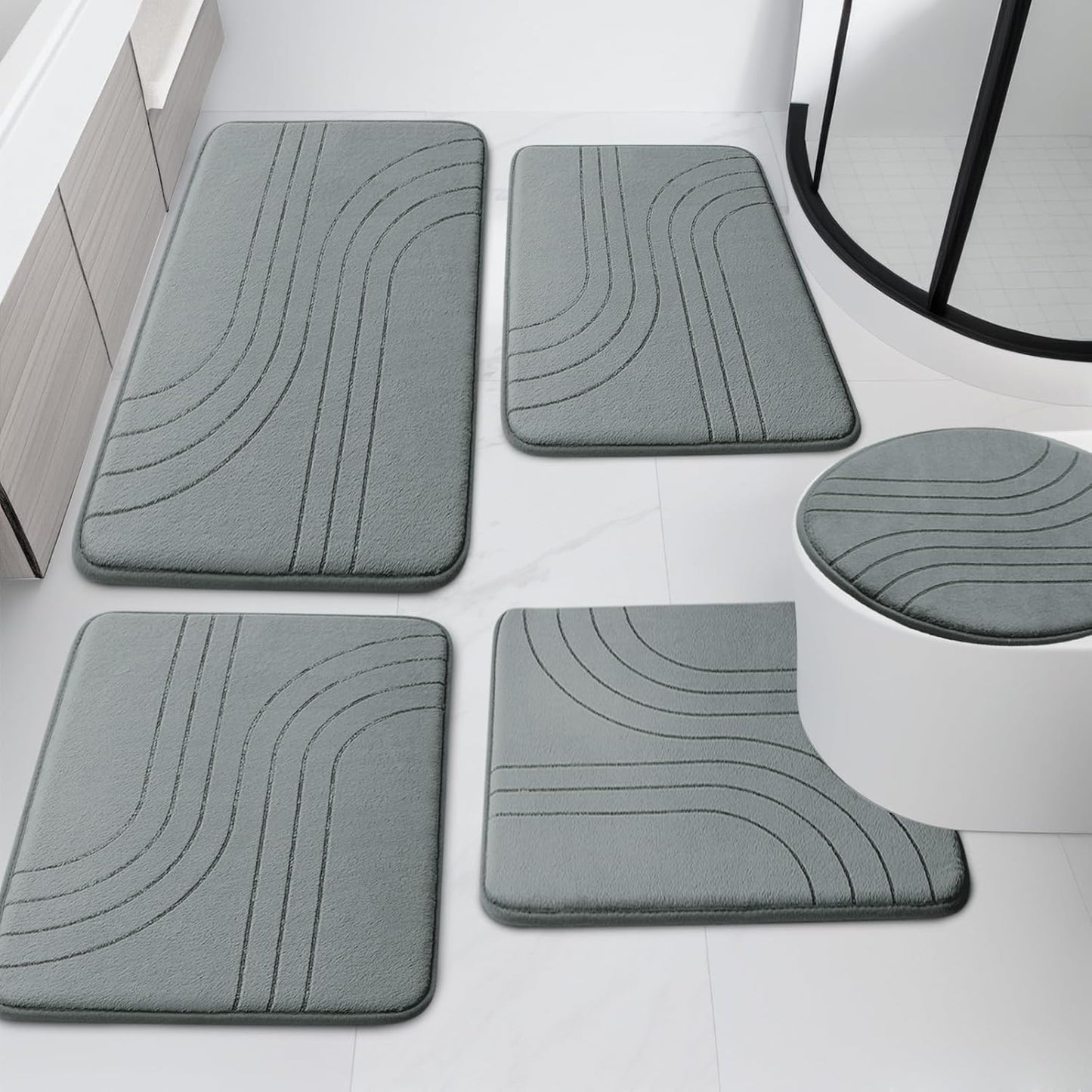 YIHOUSE Blue Bathroom Rug Set 5 Pieces, Soft Non Slip Memory Foam Bath Mats, Extra Thick Bath Mats for Bathroom, Machine Washable Bath Rugs Set for Tub, Toilet and Floor