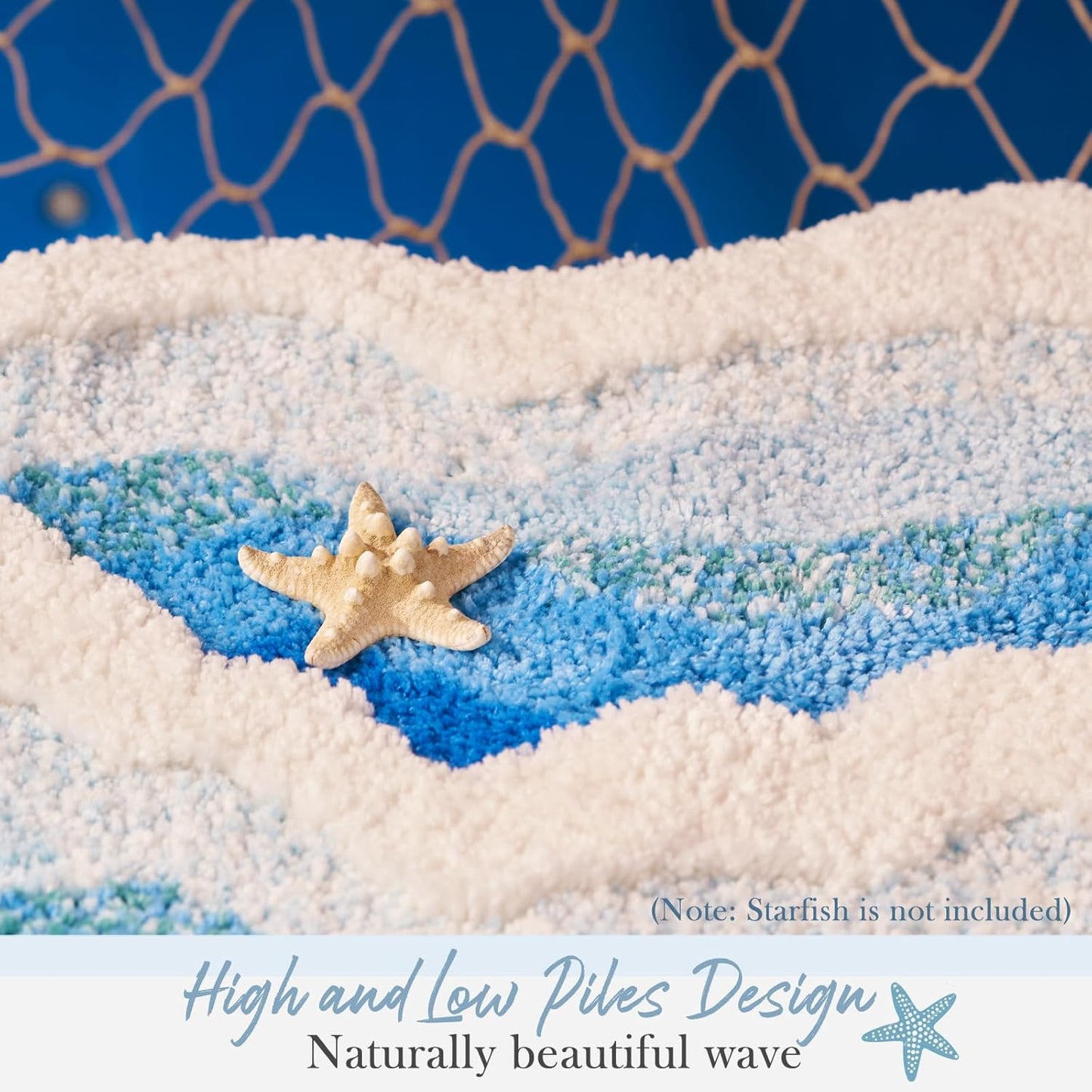 Large Blue Ocean Wave Bath Mat, Cute Funky Bathroom Rugs for Coastal Beach Nautical Themed Decor, Non-Slip Washable Accent Rug for Bedroom Kitchen, Trendy Tufted Shower Mats 47"x 24"