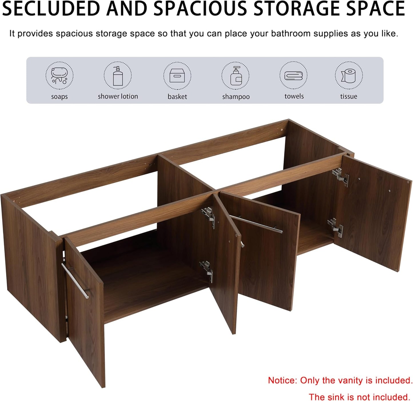 60 Inch Bathroom Vanity Without Sink, 60" Floating Vanity Without Top, Modern Wall Mounted Cabinet for Large Space, Large Bathroom Storage Cabinet with 4 Soft-Closing Doors and Bar Handles