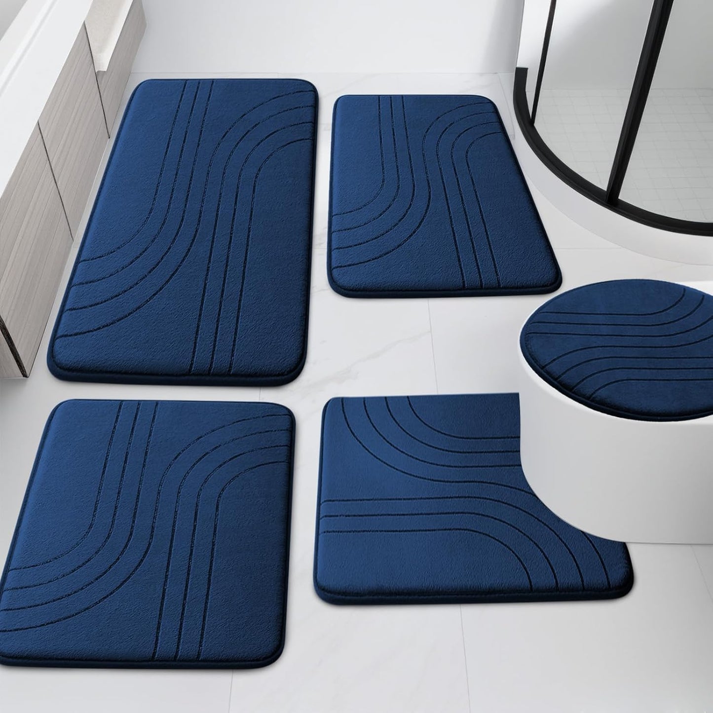 YIHOUSE Blue Bathroom Rug Set 5 Pieces, Soft Non Slip Memory Foam Bath Mats, Extra Thick Bath Mats for Bathroom, Machine Washable Bath Rugs Set for Tub, Toilet and Floor