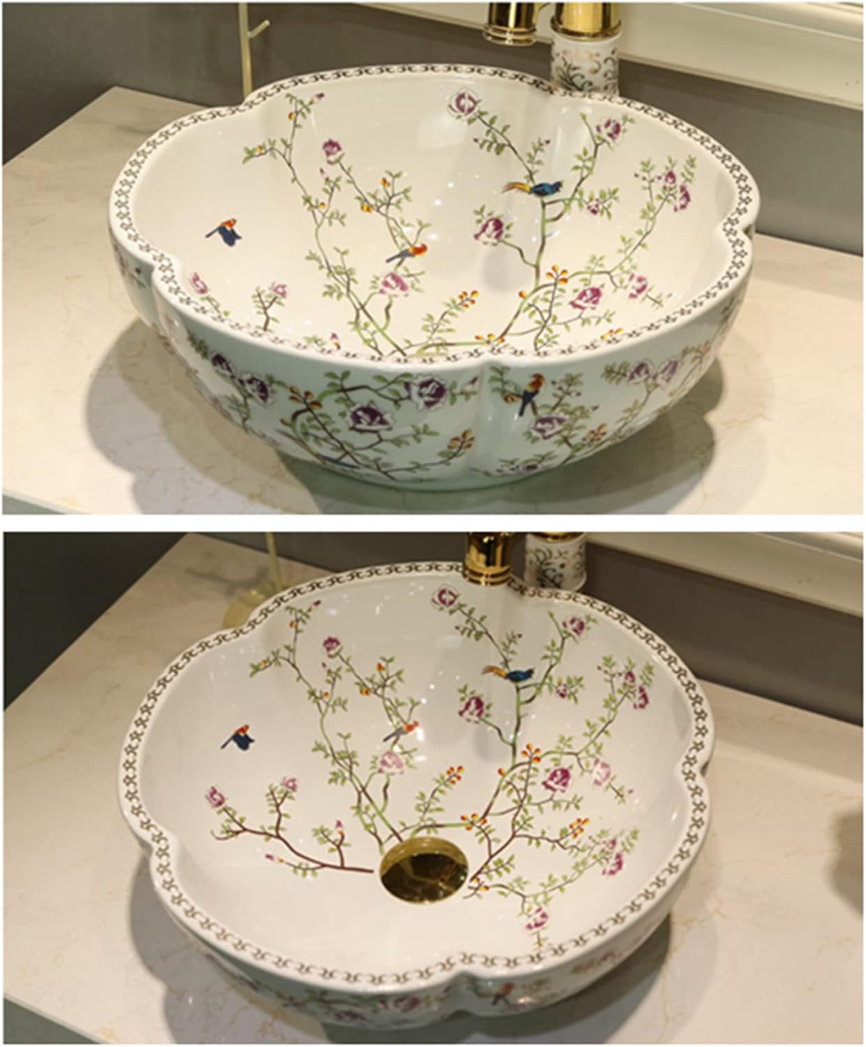Ceramic Bathroom Vessel Sink Bowl White Color Art Above Counter Vanity Wash Basin with Flower Shape and Flower Bird Pattern,1Sink Only