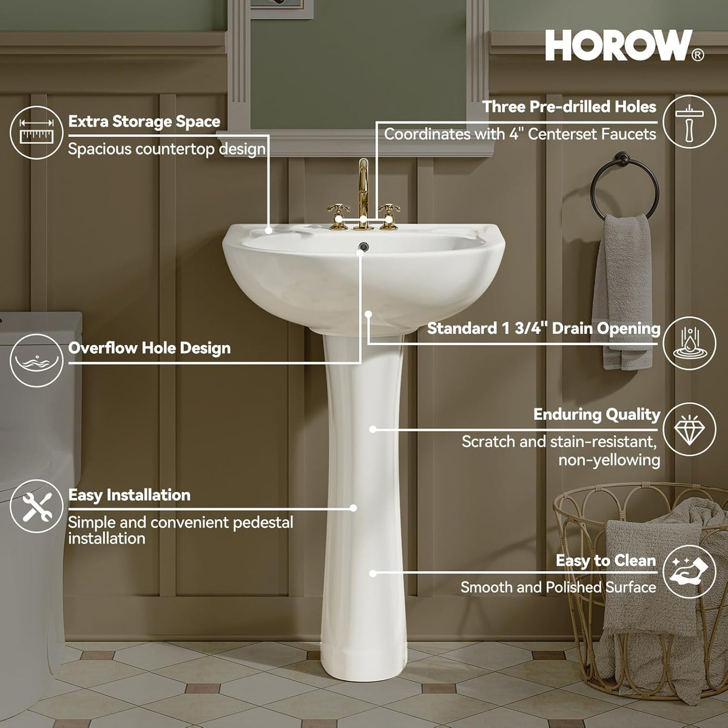 HOROW 22"W x 19"D U-Shape Pedestal Sink, White Ceramic Pedestal Bathroom Sink with Overflow and 3 Pre-Drilled Holes, Modern Bath Pedestal Sink Combo