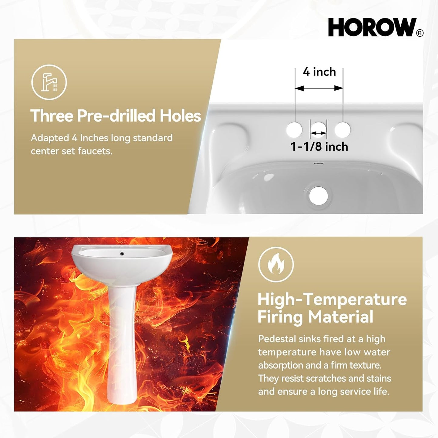 HOROW 22"W x 19"D U-Shape Pedestal Sink, White Ceramic Pedestal Bathroom Sink with Overflow and 3 Pre-Drilled Holes, Modern Bath Pedestal Sink Combo