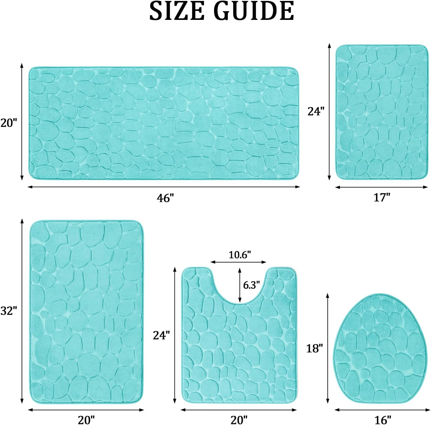 YIHOUSE Bathroom Rugs Set, 5 Piece Cobblestone Memory Foam Mats, Extra Thick Non Slip, Water Absorbent, Washable Teal Bath Rugs for Tub, Toilet and Floor