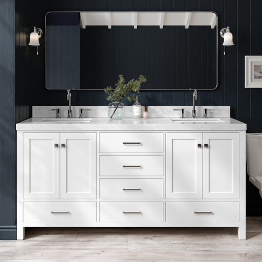 ARIEL 72" White Double Vanity, 2" Edge Italian Carrara Marble Countertop & Splash, Rectangular Sinks, 4 Soft Closing Doors, 6 Full Extension Dovetail Drawers, Brushed Nickel