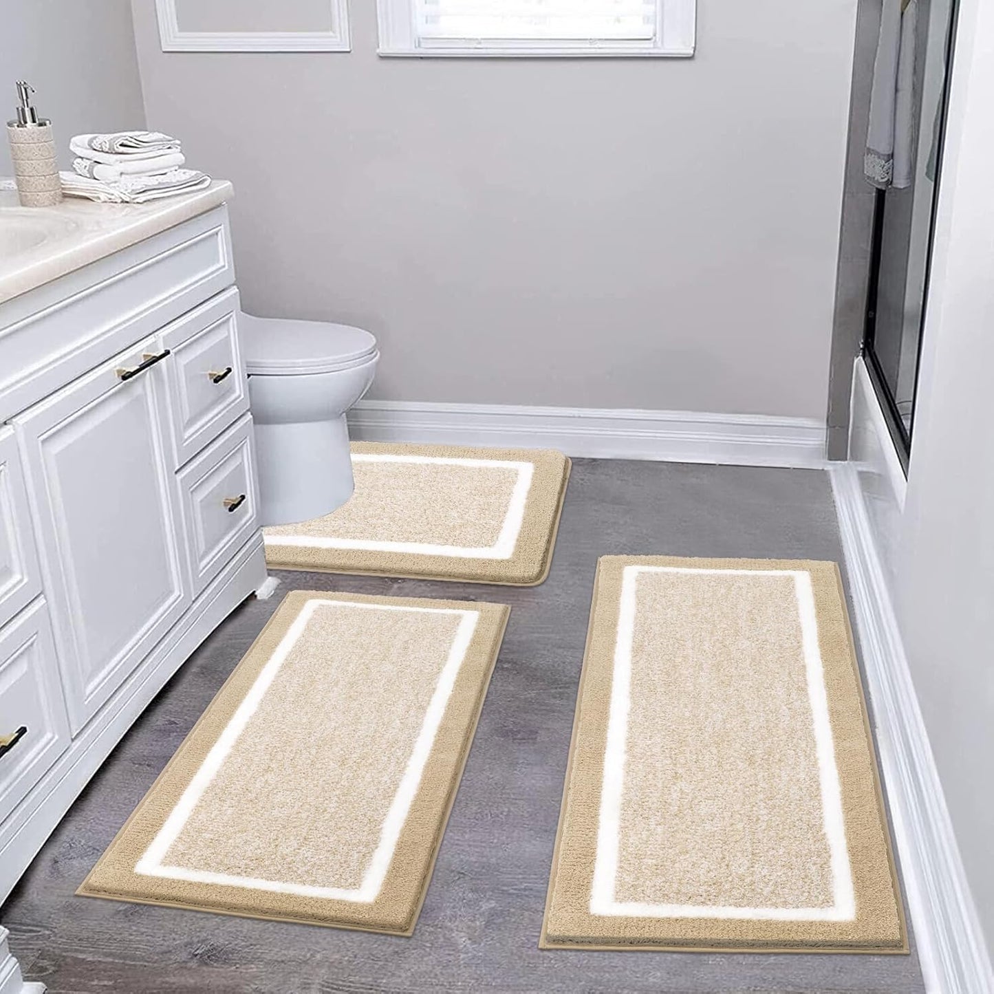 Pauwer 3 Pieces Bathroom Rugs Sets, Ultra Soft Non-Slip Mats, Microfiber Absorbent Bath Rugs with U-Shaped Toilet Rug for Bath Floor, Tub, Shower, Blue