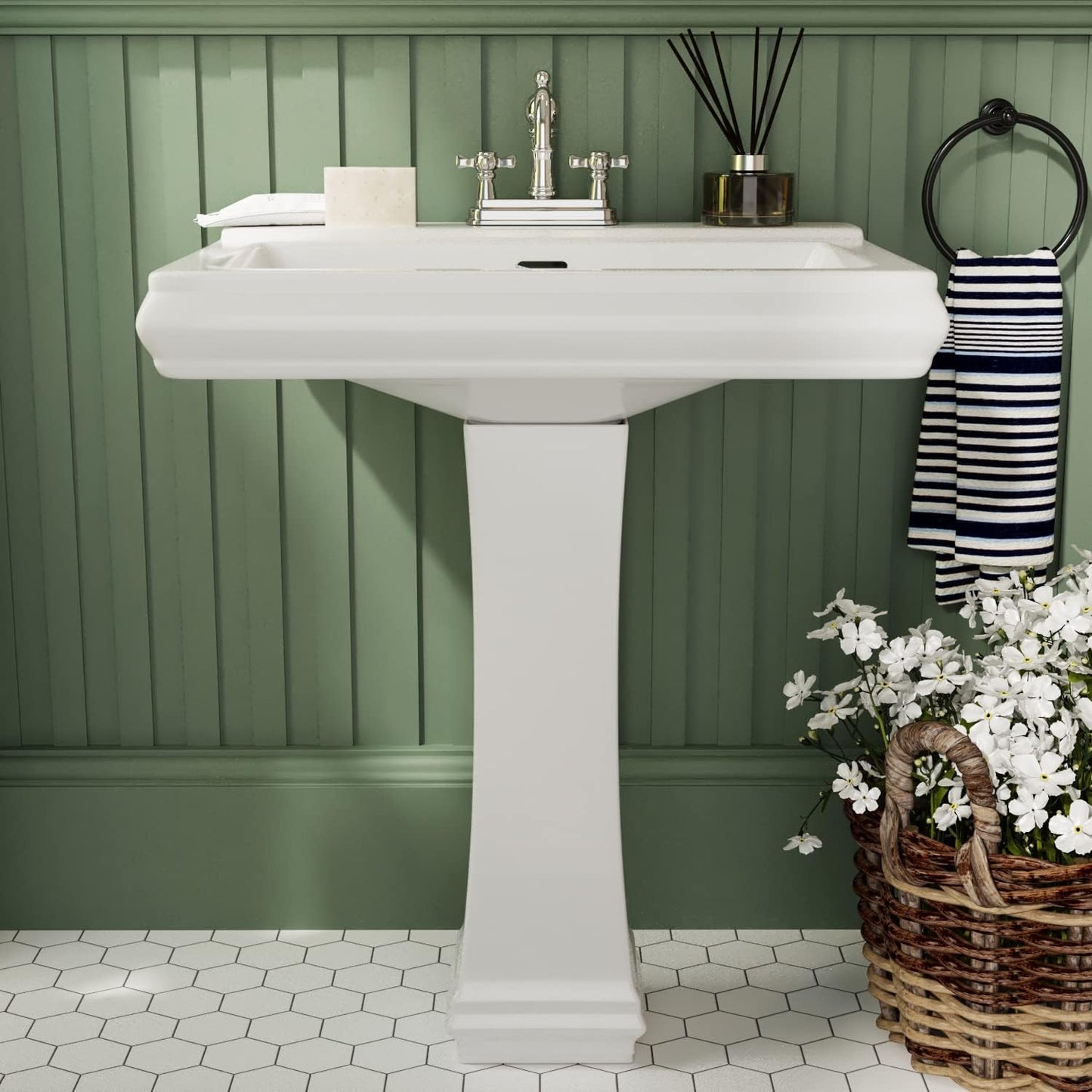 DeerValley 26"L X 20"W Rectangular Pedestal Sink, Apex White Ceramic Pedestal Bathroom Sink with 3 Faucet Holes at 4" Faucet Centers, with Overflow,DV-1P521