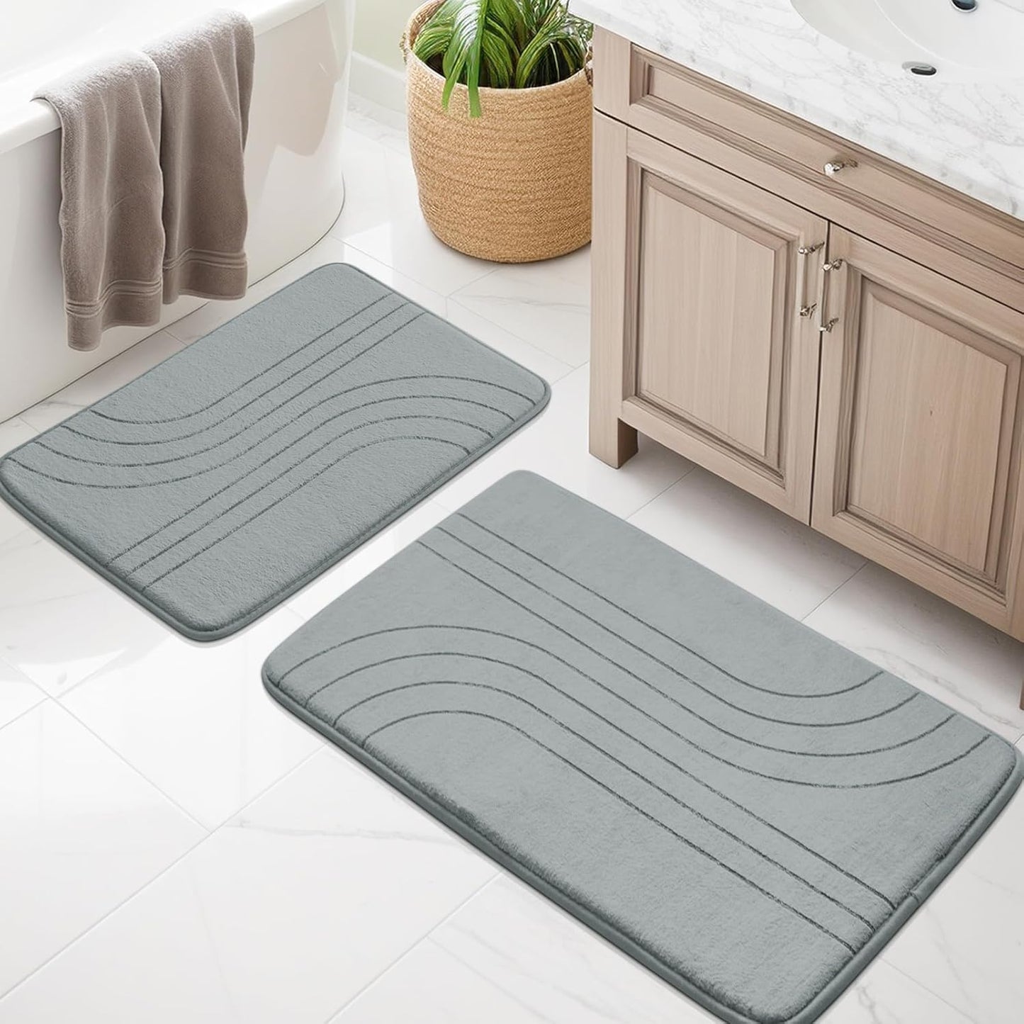 YIHOUSE Blue Bathroom Rug Set 5 Pieces, Soft Non Slip Memory Foam Bath Mats, Extra Thick Bath Mats for Bathroom, Machine Washable Bath Rugs Set for Tub, Toilet and Floor