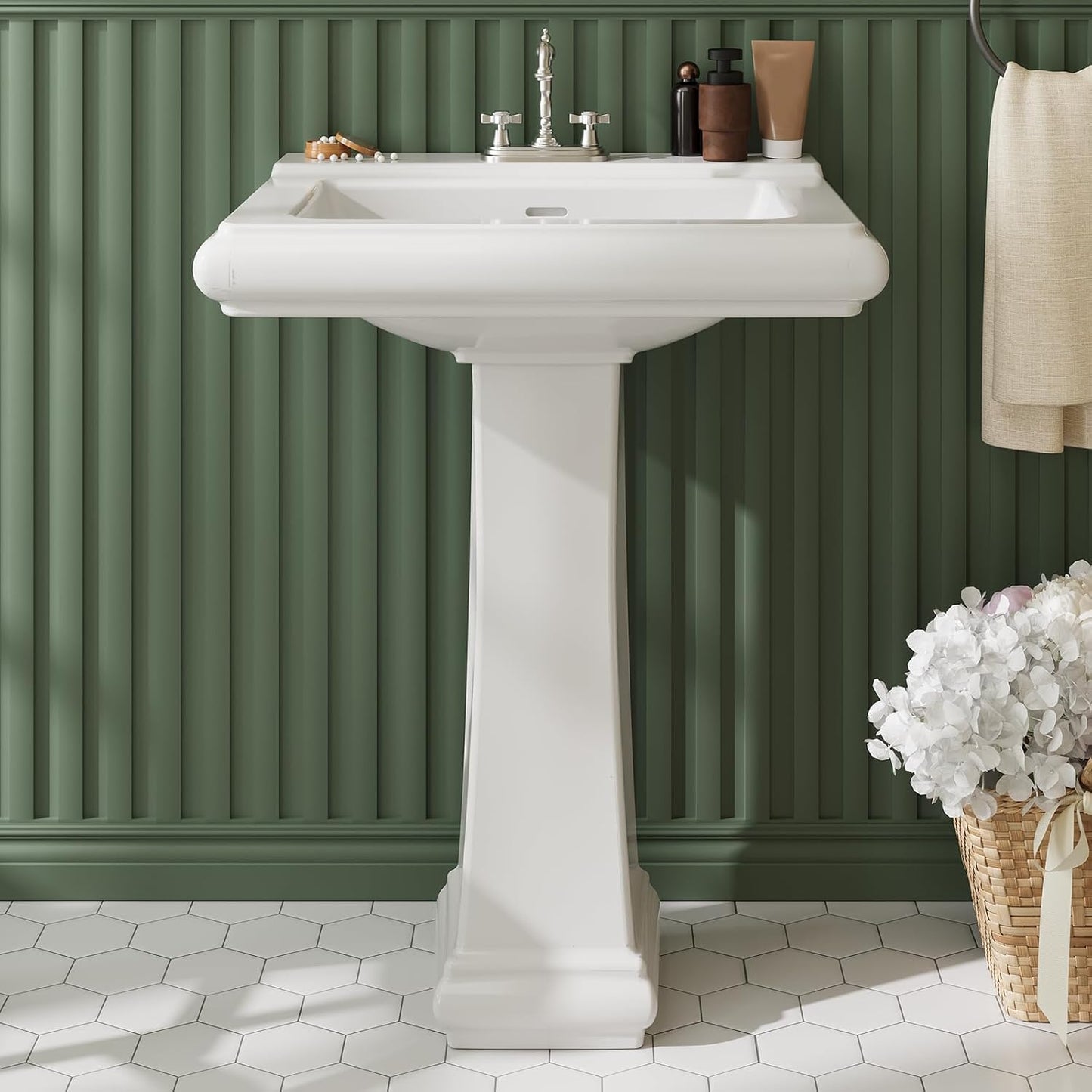 Bathroom Pedestal Sinks,Pedestal Sink 23" W X 19" D Vintage White Ceramic Pedestal Bathroom Sink With Overflow and 3 Pre-Drilled Holes - Fits 8-Inch Faucets