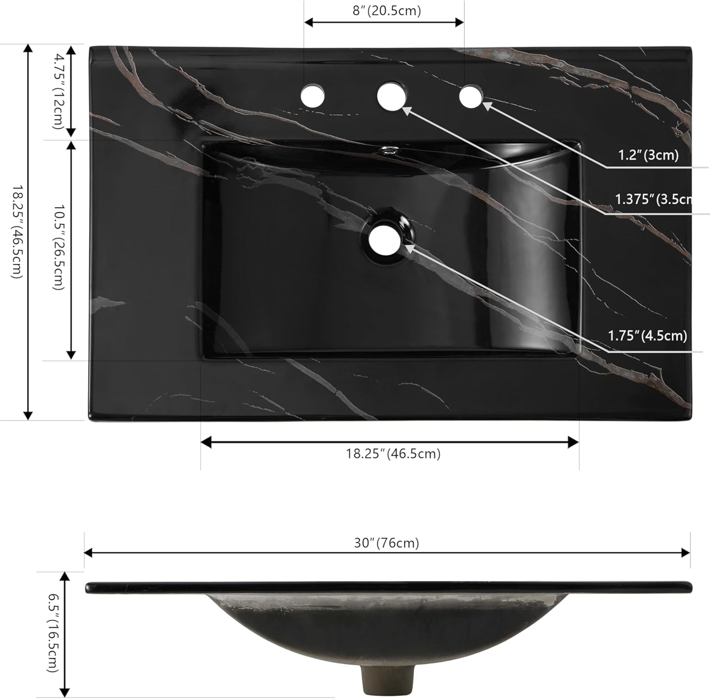 JONATHAN Y SNK1002D Ancillary 3-Hole 30 in. W x 18.25 in. D Classic Contemporary Rectangular Ceramic Single Sink Basin Vanity Top, Black Marble Effect